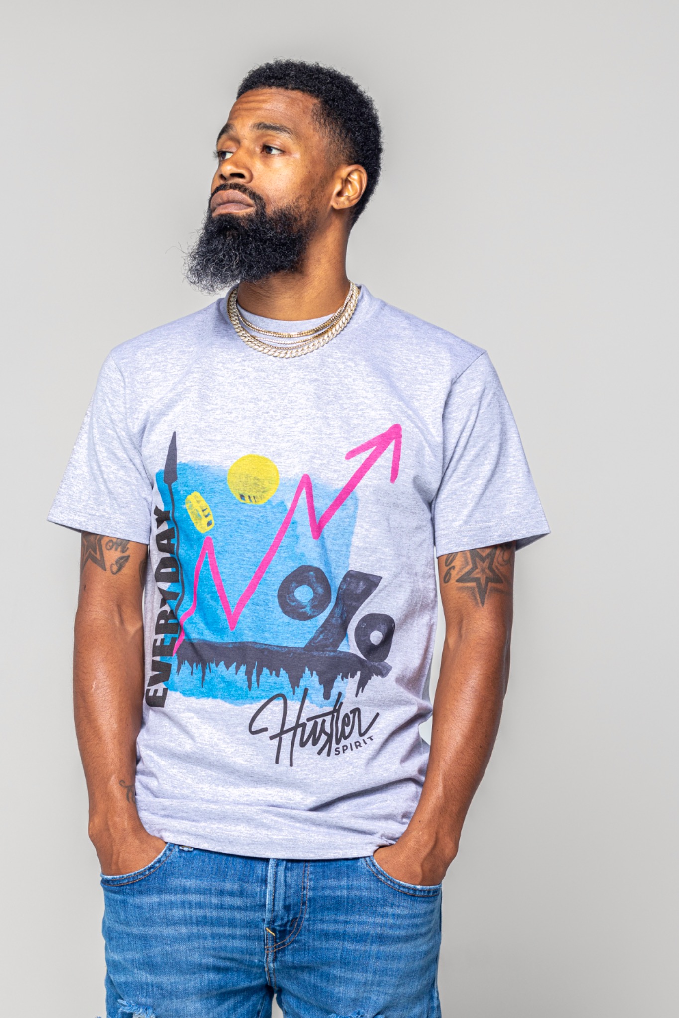 Graphic Hustler Spirit tee styled with denim