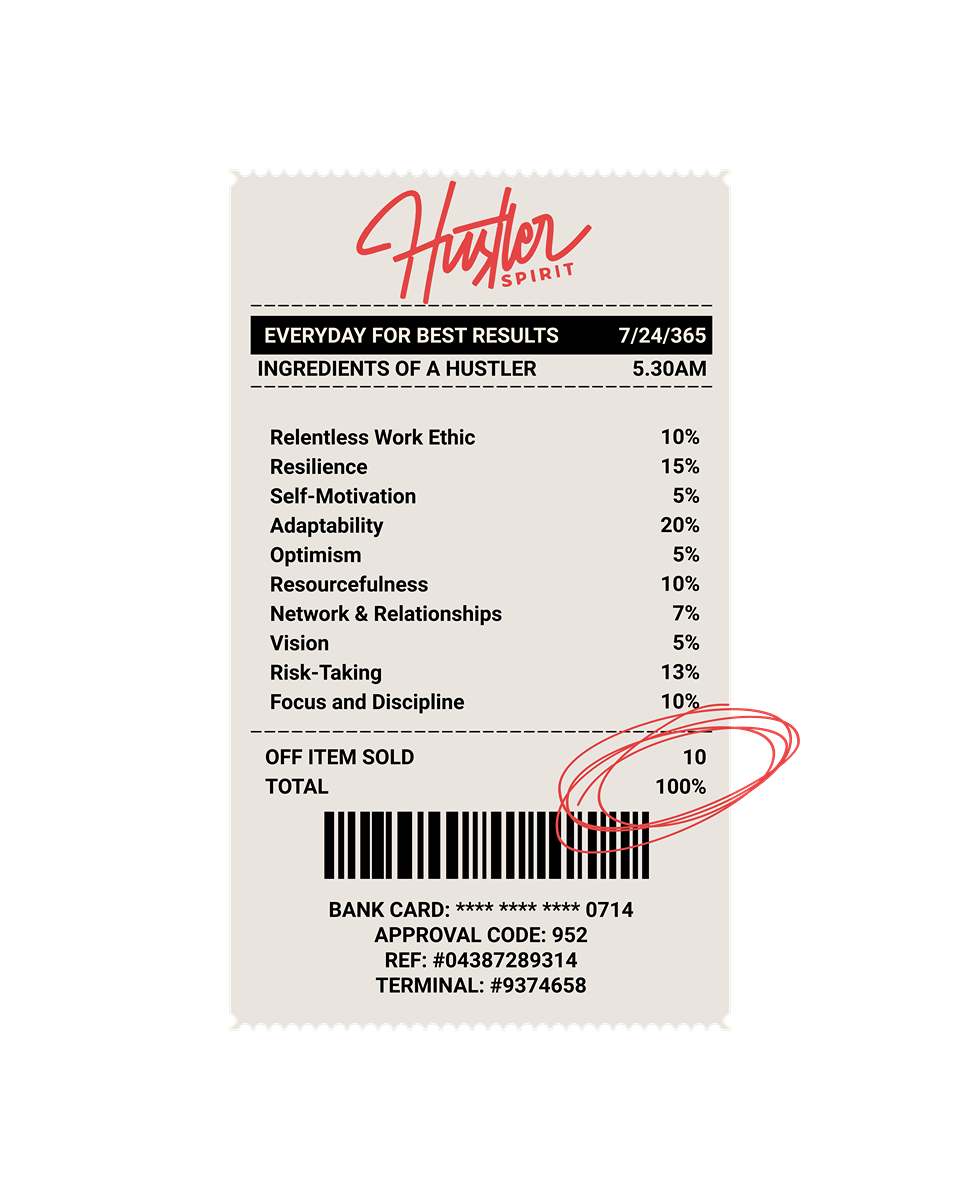 Hustler receipt artwork featuring work ethic, resilience and focus