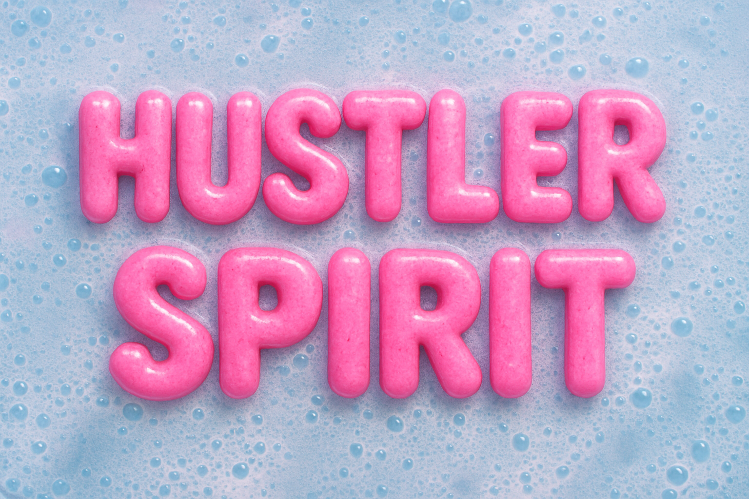 Pink Hustler Spirit lettering against a blue background